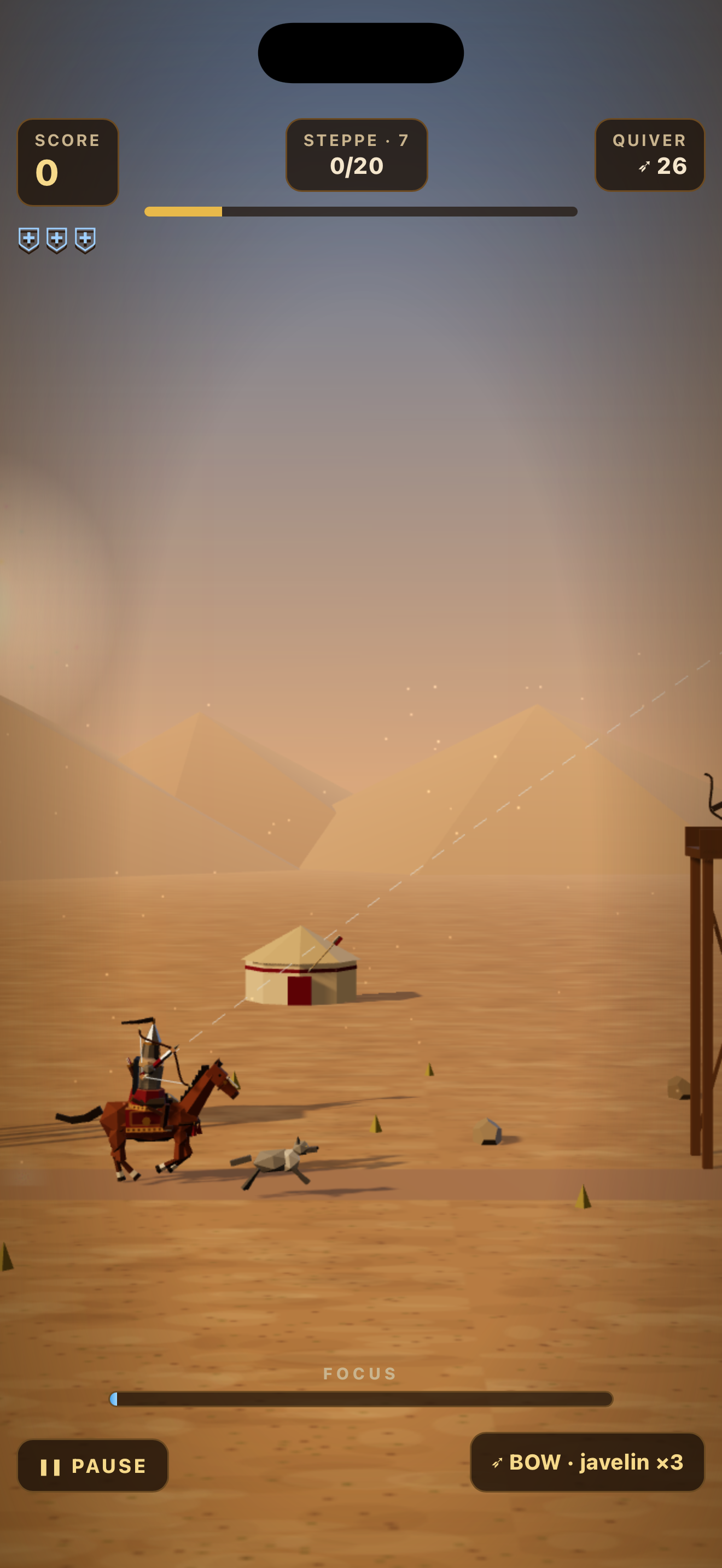 A mounted archer takes aim at a tower on the sunset steppe.
